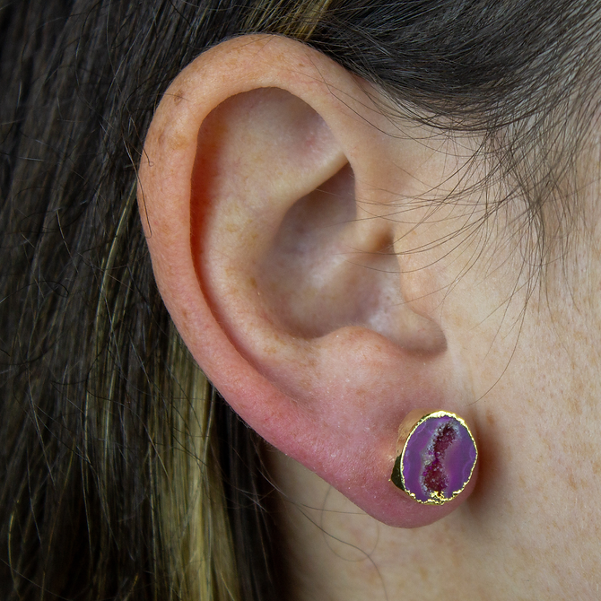Pink Geode Earring Studs Gold