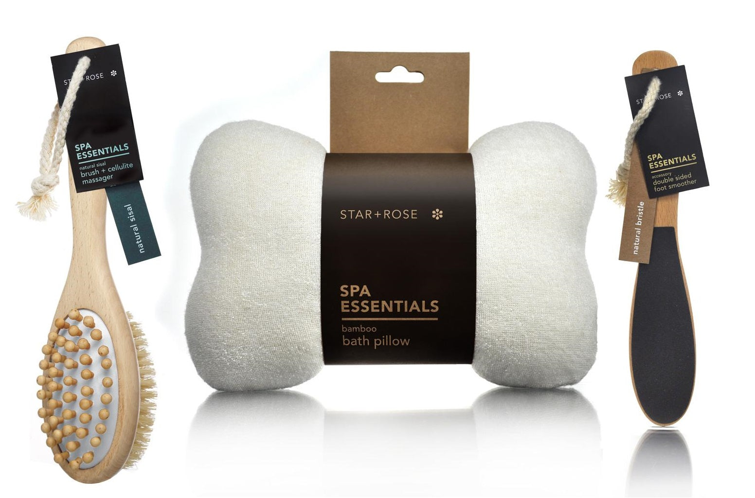 Spa Essentials Set - Bath Pillow, Foot Smoother and Brush & Cellulite Massager