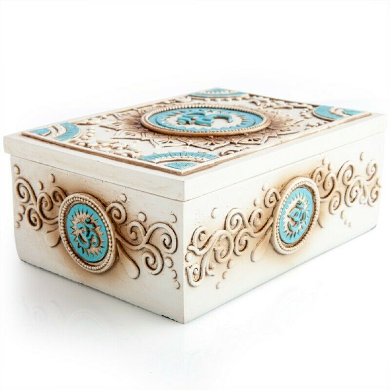 Om Aum Wooden Box Jewelry Tarot Cards Stones Crystal