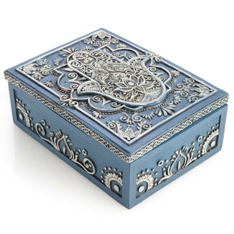Hamsa Wooden Box Jewelry Tarot Cards Stones Crystal Storage