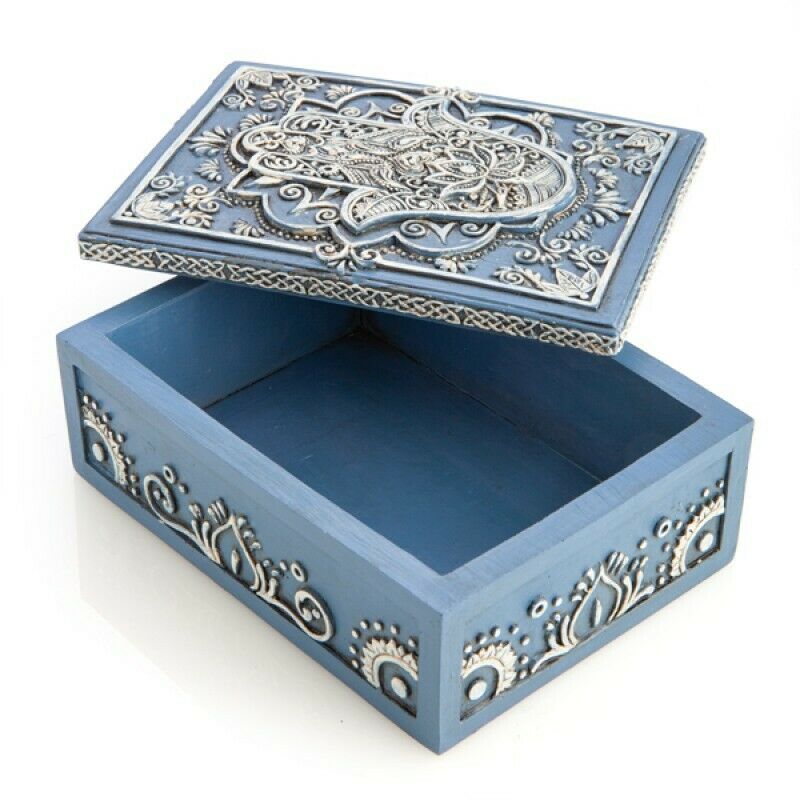 Hamsa Wooden Box Jewelry Tarot Cards Stones Crystal Storage