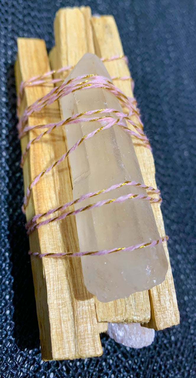 Palo Santo Peach Selenite Clear Quartz Point Smudge Bundle