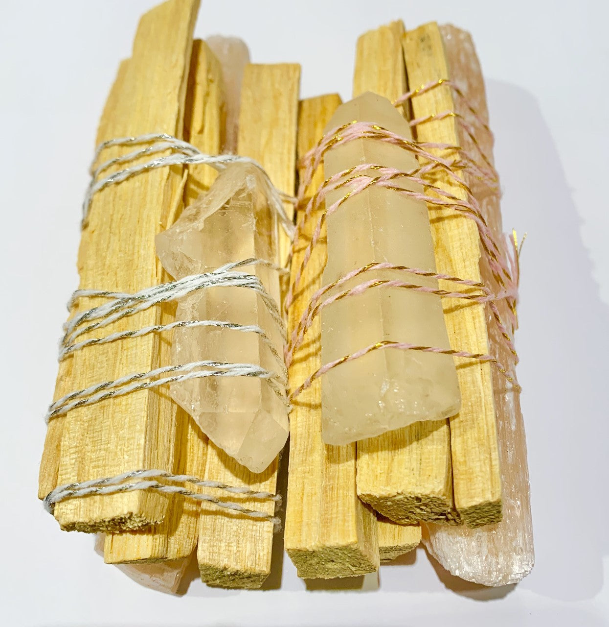 Palo Santo Peach Selenite Clear Quartz Point Smudge Bundle