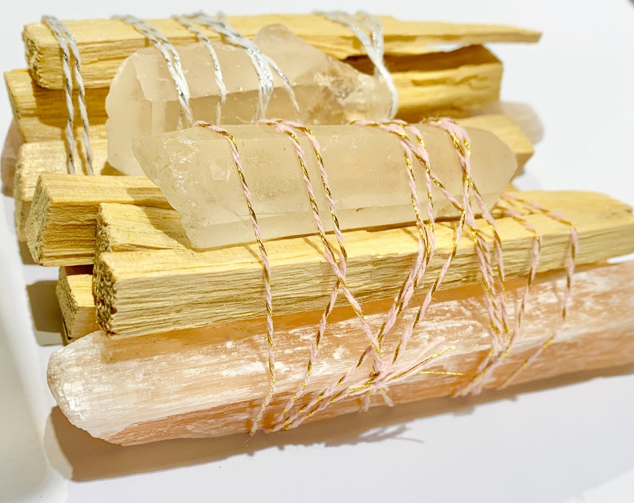 Palo Santo Peach Selenite Clear Quartz Point Smudge Bundle