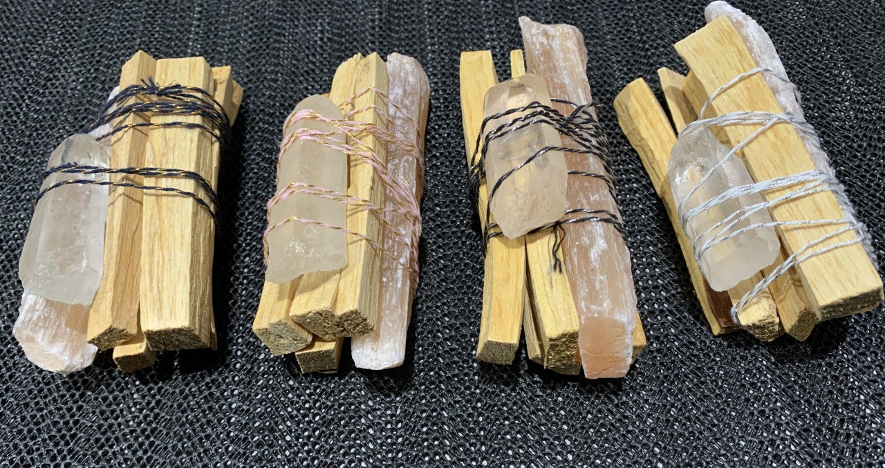 Palo Santo Peach Selenite Clear Quartz Point Smudge Bundle