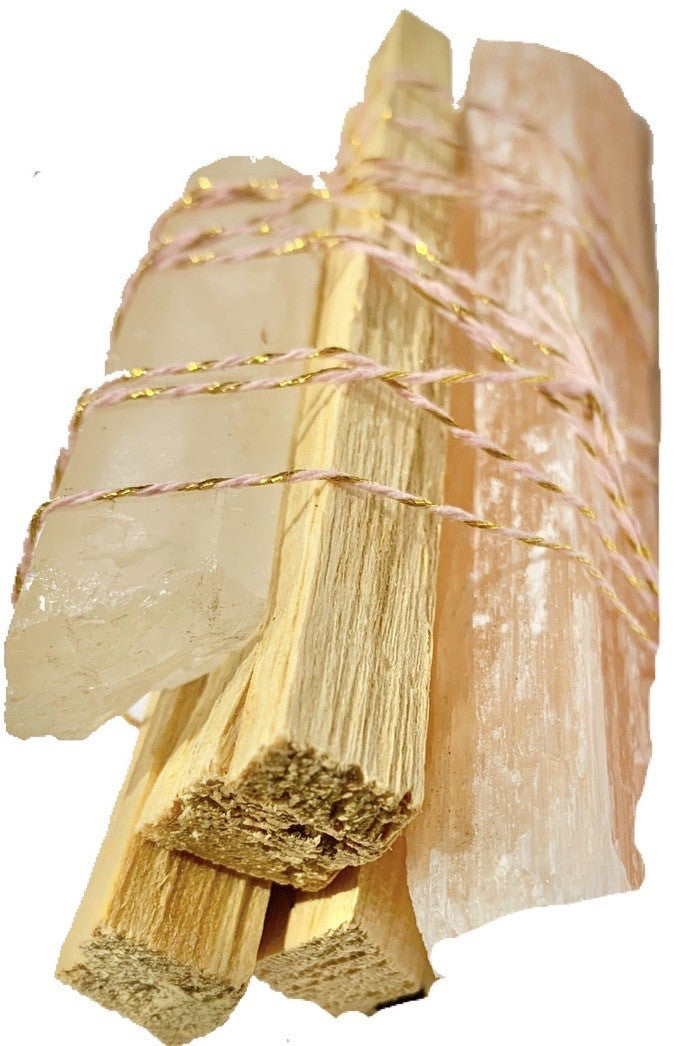 Palo Santo Peach Selenite Clear Quartz Point Smudge Bundle