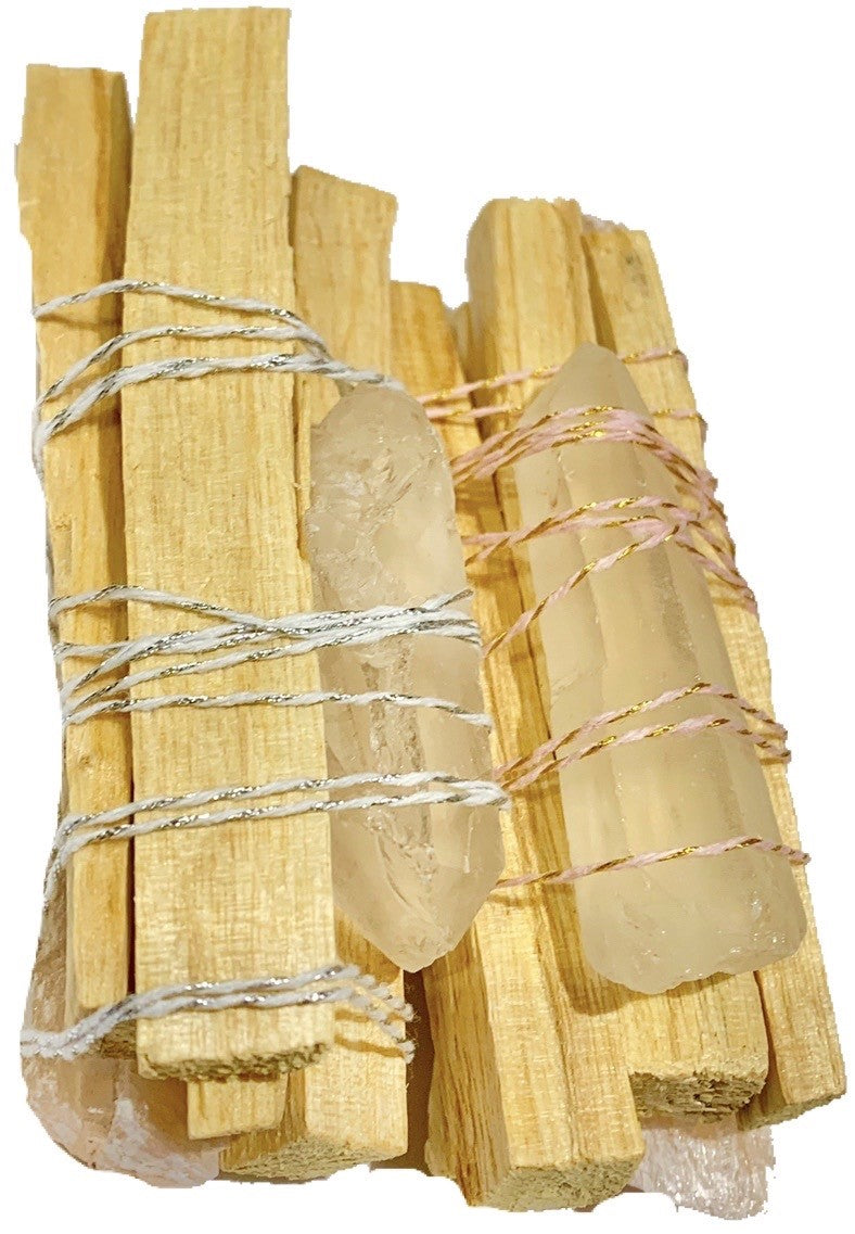 Palo Santo Peach Selenite Clear Quartz Point Smudge Bundle